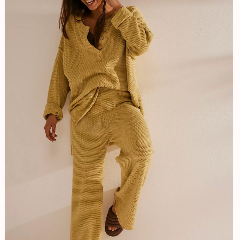 Free People Mustard Yellow Waffle Knit Sweater and Pants Set